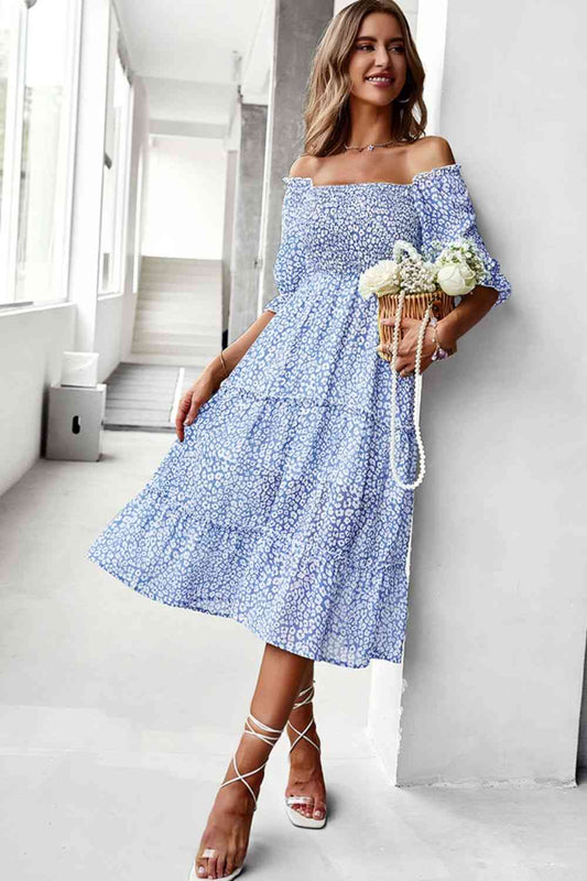 Floral Off-Shoulder Smocked Midi Dress