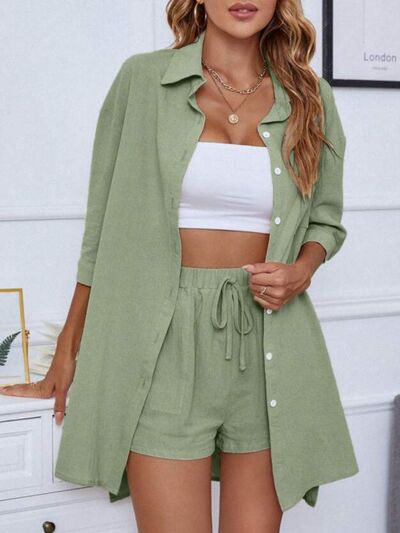 Button Up Shirt and Drawstring Shorts Set