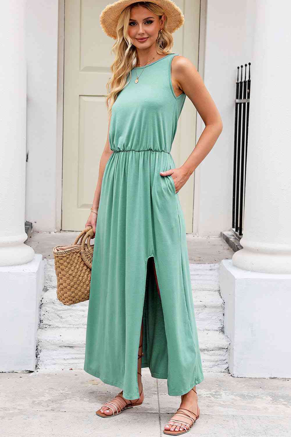 Slit Sleeveless Dress with Pockets