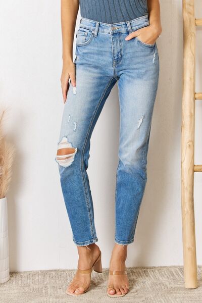 High Rise Distressed Slim Jeans