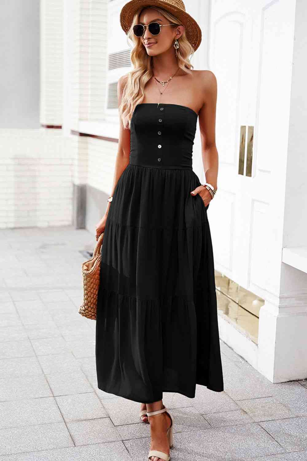 Strapless Tiered Dress with Pockets